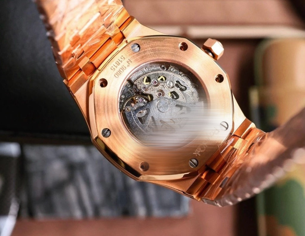 Aidemars Puguet Royale Oak Rose Gold Watch Skeleton Dial (Rainbow Diamonds)