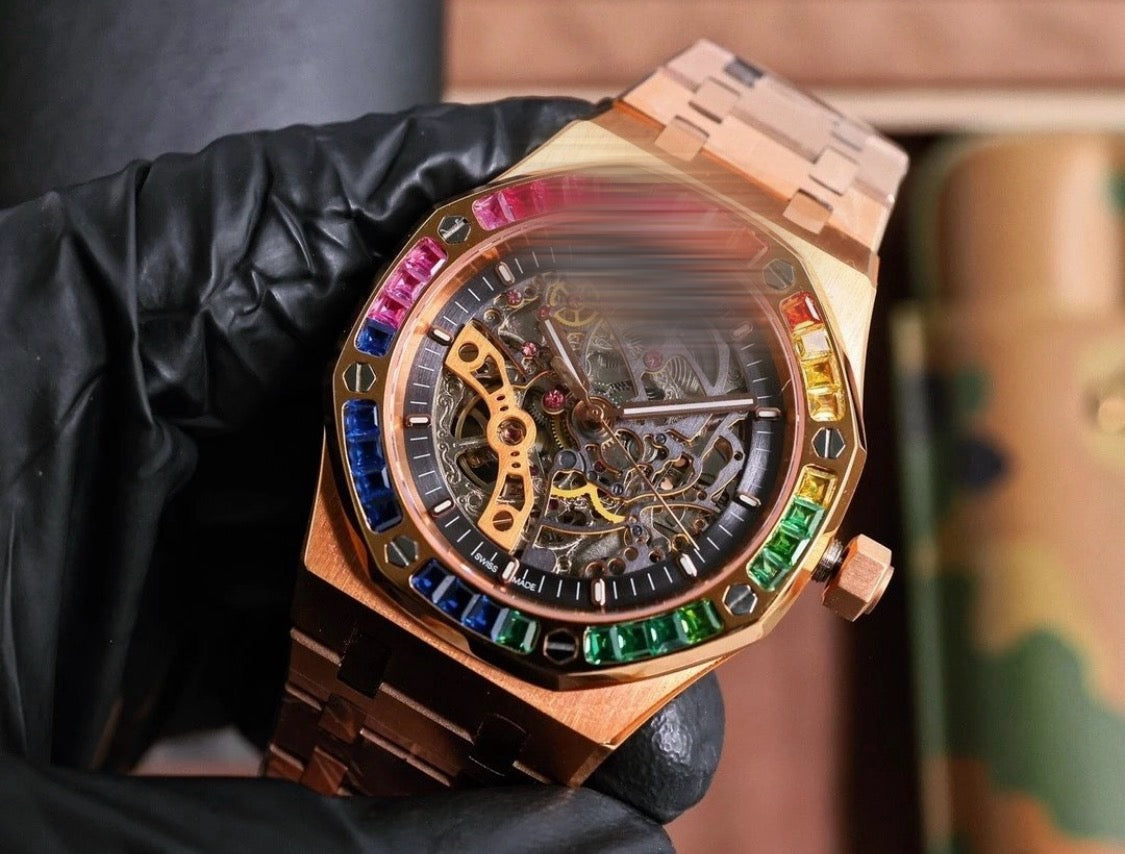 Aidemars Puguet Royale Oäk Rosegold Watch Skeleton Dial (Rainbow Diamonds)