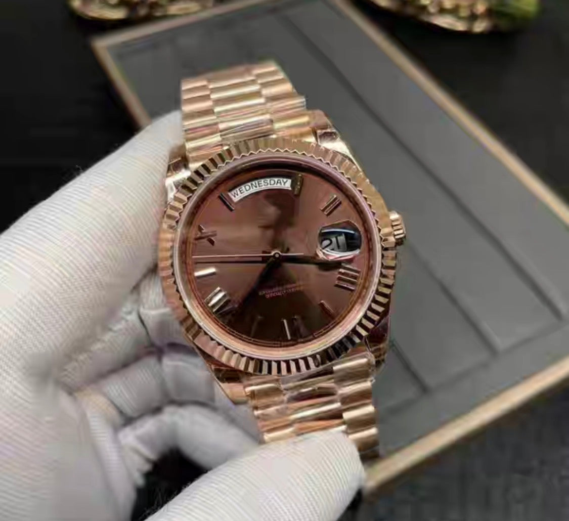 Polex Day Date Rosegold Watch (Chocolate)
