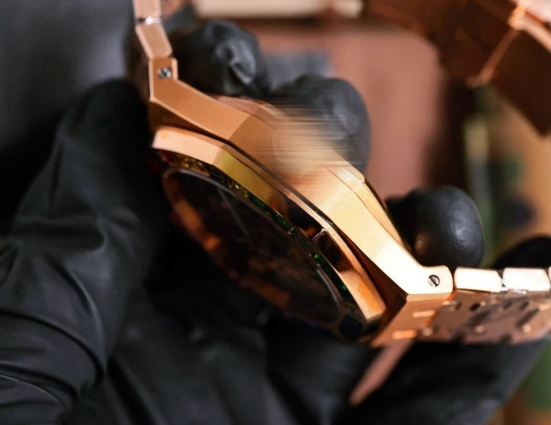 Aidemars Puguet Royale Oäk Rosegold Watch Skeleton Dial (Rainbow Diamonds)