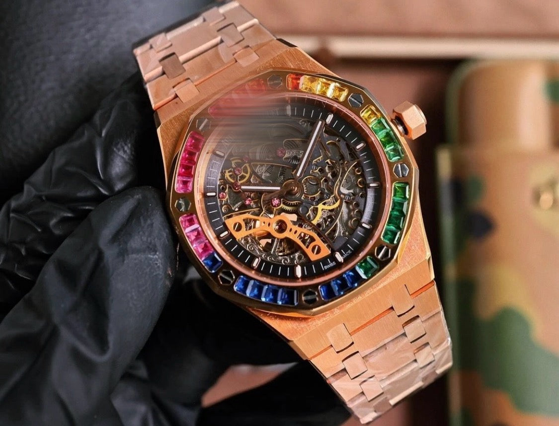 Aidemars Puguet Royale Oäk Rosegold Watch Skeleton Dial (Rainbow Diamonds)